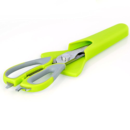 Aznoi Multifunktional Küchenschere 7 in 1 schälen Gemüse/Flocke ein Fisch/Messerbalken/coupe-os/Flaschenöffner/Nussknacker und Glasöffner/Schraubendreher – Gaine mit Magnet in den Kühlschrank – Grün - 2