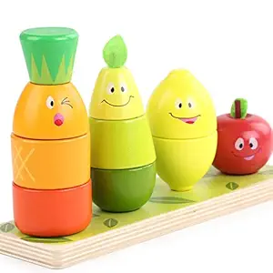 Toyshine Wooden Fruit Stacker with Shapes Numbers and Color Learning Educational Toy for Kids Learning Recognition Memory Game for Boys Girls Baby