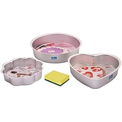 Rolex Cake Mould, Aluminium, Silver, 3 pc Set (Round, Heart, Flower) + 1 Milton (Spotzero) Scrub Free