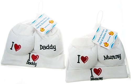Baby Unisex Girl Boy I Love Mummy OR Daddy Design Piece Hat & Booties Gift Set 0-3 Months White (I love Daddy)