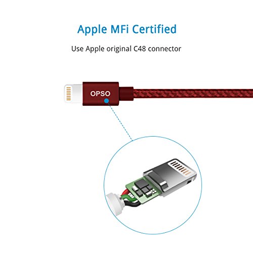 OPSO iPhone Charger - [ MFi Certified] Nylon Braided Lightning Cable for iPhone 7 Plus 6S Plus 6 Plus SE 5S 5C 5, iPad 2 3 4 Mini, iPad Pro Air 2, iPod - 0.15m Red