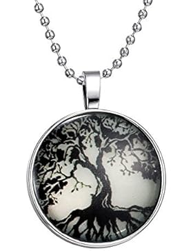 CLOU Lebensbaum Kette mit Bild Nachtleuchtender Anhänger Baum des Lebens elegante Halskette mit rundem Glas-Medaillon