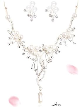 Miya® best Seller Schmuckset Glamour Kette und Ohrringe, versilbert mit Kristallen und Weiß Perle. Brautschmuck...