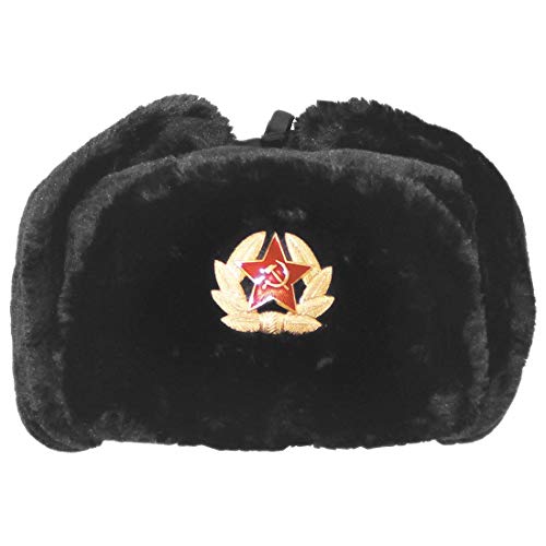 Islander Fashions Russe Chapeau De Trappeur Chapeau Avec Badge Sovi?tique Fausse Fourrure Ushanka Cosaque Flaps Chapeau Noir Une Taille