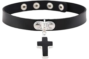 CALFOVERA Gargantilla de Cuero Sintético Negro para Mujer, Colgante de Cruz, Collar de Cuero Ajustable, Cadena Estilo Gótico Punk, Collar Corto Circular con Remaches para Bisutería