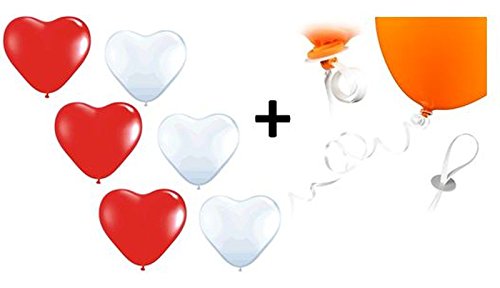 SET: 100 Schnellverschlüsse/Fäden + 100 große Herzballons rot + weiß Luft und Ballongas geeignet