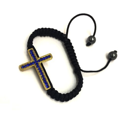 AoE PerformanceGold Sideways Cross Bracelet With Dark Blue Crystals Black Braided Cord Rope