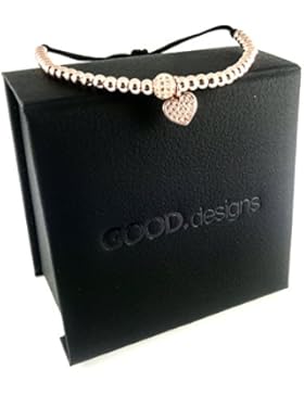 GOOD.designs Makramee-Armband mit Diamantkugel und Herz Charm-Anhänger, Perlenarmband in Gold oder Rosé