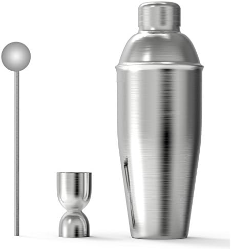 Cocktail Shaker Bar Set, 24 Ounce Stainless Steel Martini Cocktail Shaker Kit with Double Jigger Twisted Bar Spoon Recipes Booklet