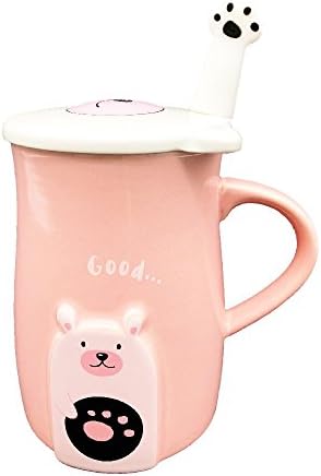BITEYI Lovely Bear Ceramic Mug Cup Gifts,Cute Embossed Coffee Tea Milk Cups with Handle Lids and Spoon,Suitable Present for Friends and Family,460ml (Pink)