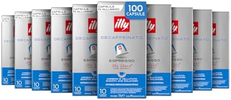 illy, Caffè in Capsule Compatibili in Alluminio DECAFFEINATO, 100% Arabica con Note di Caramello, Cioccolato e Pan Tostato, Senza Caffeina, Gusto Equilibrato, 10 Confezioni da 10 Capsule (100 Totali)