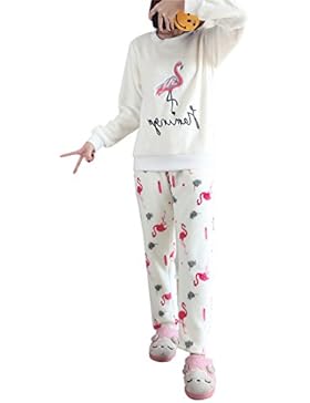 GWELL Damen Pyjama Flamingo Motiv Schlafanzug Set Flanell Zweiteiliger Langarm Nachtwäsche Winter