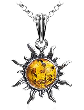 Honigfarbener Bernstein Sterling Silber Sonne Anhänger Rolo Kette 46 cm