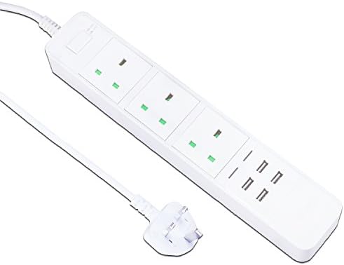 YAOYO 3 Way Outlet Power Strip with 4 USB Ports Universal Extension Lead Surge Protector Intelligent Charger Power Socket with 1.8 M/5.9 ft Power Cord Compatible for Digital Devices Home Appliances and Office Use (White)