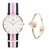 XLORDX Damen Armbanduhren Ultra Dünne Blau Weiß Rosa Nylon Band Weiß Zifferblatt Analoge Quarz mit Rosegold Armreif …