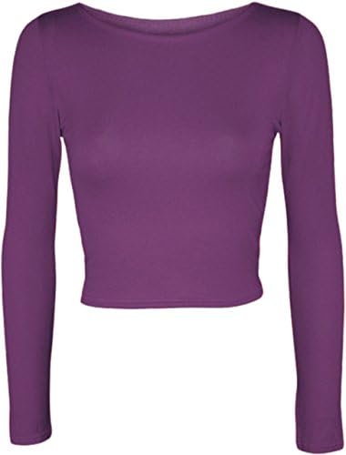 Shopping Zone Ladies Long Sleeve Crop Top, Womens Scoop Round Neck T-Shirt, Plain Decent Colours Size (8-14)