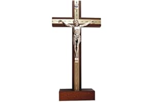 Biblegifts Standing Crucifix 9.5" 24cm Dark Wood Metal Inlay Corpus Christi Jesus Cross from Ideal for Nuns, Monks, Pastors, Vicars or Ministers. Boxed Gift