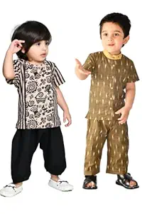 Baby Boys Clothes Top Pyjama Set (Combo Pack of 2 Set) 2-3 Years Toddler Kids Cotton Set (Beige:Black & Green)