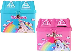Paaroots Pack of 1 Unicorn Theme Metal Piggy Bank for Boys and Girls Lock and Key Metal Money Bank for Kids Birthday Present Return Gift Party Favors Toys Bank Money Box Saving