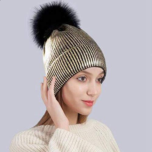 YZCX Moda Bronzo Oro Argento Cappello Pelliccia Sintetica Pom Pom Cappello da Sci Donna Maglia Invernale Cappello Caldo Femmina Ebano Osso, A