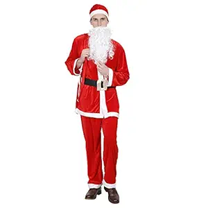 Kaku Fancy Dresses Adult Santa Clause Fancy Dress in Velvet Fabric for Christmas Day Costume with White Beard, Cap, Belt and Bag, for Men's, 16-18 Years