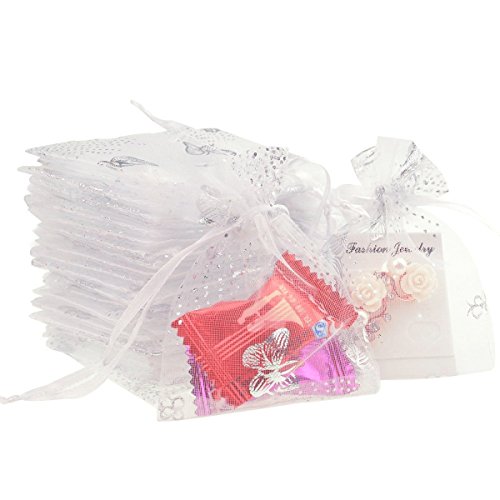 100 stück Organza Organzasäckchen Schmuckbeutel SUMERSHA Geschenkbeutel mit Schmetterling Muster weiß 7*9 cm - 2