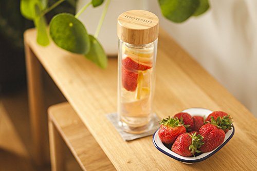 Monsuri 450ml doppelwandige infuser Trinkflasche glas für Tee Aufguss und Frucht infundiert Wasser mit einem Bambusholz-Deckel, einer Neopren Schutzhülle und einem einzigartigen, trennbaren 2 in 1 Edelstahl-Sieb. Tragbare, kompakte und wiederbefüllbare Isolierflasche, Teebereiter to go, Thermobecher mit teesieb, Infusion Bottle, groß tee-glas, Teekanne für losen Blatt-Tee, Früchtetee, ätherisches Öl, Eistee, Kaffee, einen Smoothie, oder eine Detox-Diät - 3