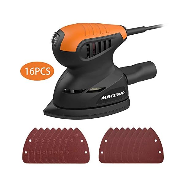 Multischleifer, Meterk Dreieckschleifer 125W, 13500 RPM Motor mit Staubsammelung System, Inkl. 1 Staubsauger-Verbindungsrohr, 16 Schleifpapiere für Schleifen in Heimtextilien und DIY usw.