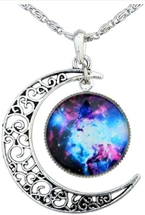 Revenne Jewelry Crescent Moon Galaxy Universe Glass Cabochon Pendant Necklace (blue white（little）)