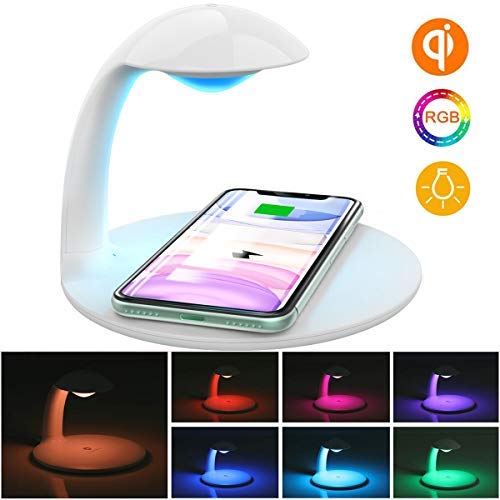AURSEN 3 en 1 Luz Nocturna de LED/Cargador Inalámbrico/Lampara de Colorida, Luz nocturna Qi Cargador Inalámbrico Rapido, Luz de noche Brillo Ajustable para iPhone, Android(con Adaptador QC 3.0)