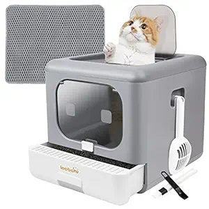 Foldable Cat Litter Box with Lid, LOOBANI Large Enclosed Litter Box to Prevent Smell, Drawer Type with Litter Scoop and Litter Mat for Easy Cleaning, with Top Door and Front Door(Grey)