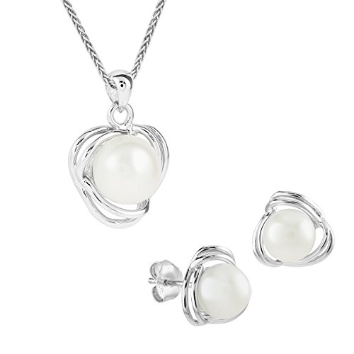 Bella Donna Damen- Set 925 Silber Ohrstecker + Anhänger/Kette 3 SW-ZP Button 6-7 mm weiß