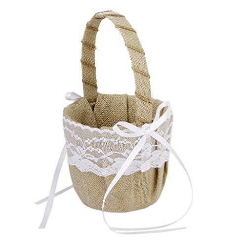Vintage Sackleinen Jute Spitze Bow rustikale Hochzeit Blumenmädchen Korb - 3