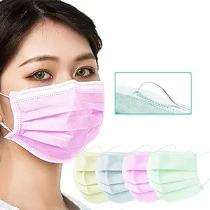 Loxxo 3 Ply Disposable Face Masks (Pack of 100-25 Each Color) Export Quality Non Woven Fabric Mask With 4 Layer Protection and Comfortable Nose Clip/Pin (Yellow, Blue, Green, Pink)