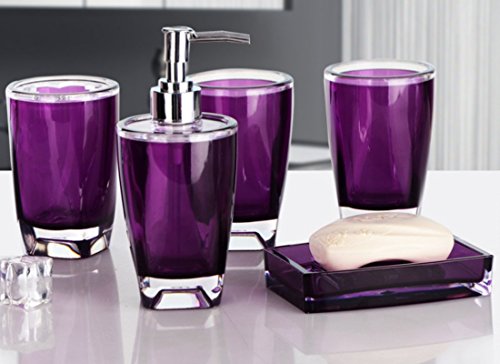 Bellabrunnen 5-Stück Luxuriös Badezimmer Set (aus Acrylic) Bad Accessoire Set Lotion-Flaschen, Zahnbürstenhalter, Zahn-Becher, Seifenschale (Lila) - 2