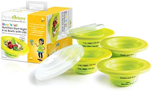 Best Help For Your Child – Show N´Tell Nutrition Start-Right Bowl From Precise Portions – Set Of 4 – Kid Safe BPA Free – 6 oz Bowls – Lids – USDA Nutritional Guidelines Design – 3 Divisions To A Perfect Size Snack, Meal Or Drink Without Thinking – Out Or At Home – Colorful Cartoons Make It Very Easy For Kids To Understand – A Great Tool For Weight Loss And Enhanced Living Since Childhood – Improve Your Children Future Lifestyle – Give Them A Head Start Now!