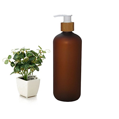 500ml 17oz Dark Brown Empty Refillable Frosted Plastic Shampoo Shower Gel Packing Bottle Container Jar with Natural Bamboo Pump for Makeup Cosmetic Bath Soap Liquid Toiletries