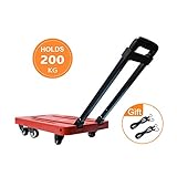 Chariot Plateforme 200kg Chariot de Transport 6 Roues Diable Pliable de Qualite Chariot Manutention Pliable avec 2 Cordes Cadeau Diable Portable pour Bagages, Voyage, Auto et Déménagement, Rouge