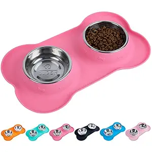 SuperDesign Stainless Steel Water Food Bowls in Non-Skid & No Spill Silicone Mat,for Small Dogs or Cats, Small, Pink