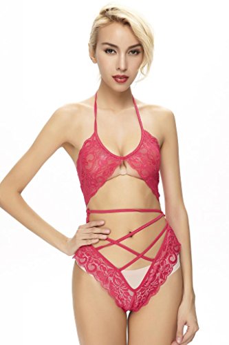 Fashion Polyester Lace Lingerie-Dress Set Sleepwear Hotpink Color One Size Hot Underwear New