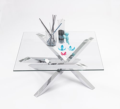 Homely - Mesa de centro cuadrada KADOS de cristal templado y patas cromadas