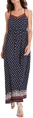 Winfon Women Sundress Sexy Casual Boho V-Neck Sleeveless Off-Shoulder Long Summer Maxi Dresses Beach Dress (XL, Navy)
