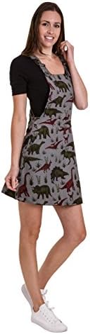 Ladies Kitsch Grey Cord Adventure Dinosaur Print Pinafore Dress