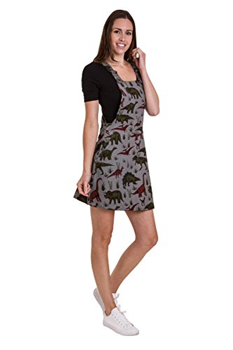 Ladies Kitsch Grey Cord Adventure Dinosaur Print Pinafore Dress