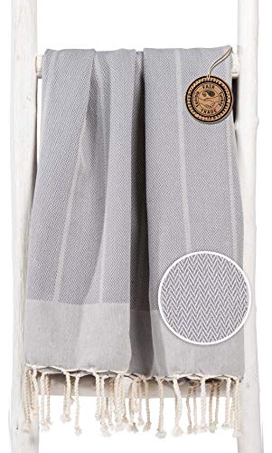 ZusenZomer Hamam Badetuch 100x190 Grau - Fouta Hamamtuch Strandtuch Saunatuch Gross und Leicht mit Elegantes Fischgrat-Gewebe - 100% Baumwolle - Fair Trade Hammam Tücher