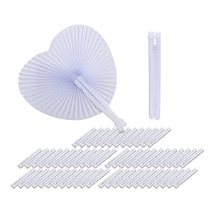 60 Piezas Abanico Pai Pai de Papel Plegable, en Forma de Corazón Detalles para Invitados de Bodas, Fiestas o Ceremonias Blanco