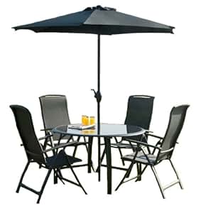 Havana 4 Seater Set - Black w/1.2m Round Table, 4 Chairs & Parasol