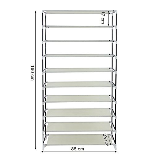 Songmics XXL 10 Schicht staubdichtes Schuhregal für ca. 45 paar Schuhe Schuhschrank Regale 88 x 28 x 160 cm beige RXJ36M - 4