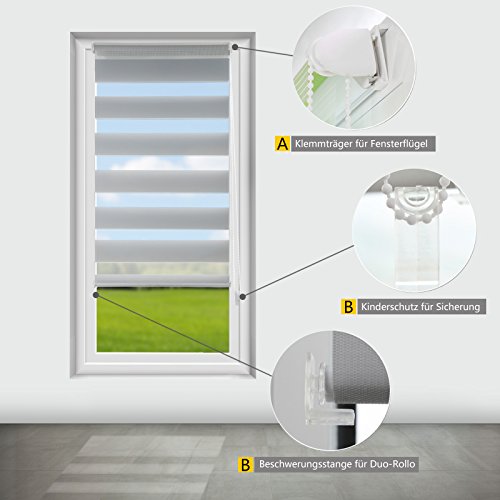 OUBO Doppelrollo Klemmfix Duo Rollo ohne Bohren – (BxH) 70 x 150 cm Grau – Seitenzugrollo mit Klemmträger für Fenster / Tür - 4