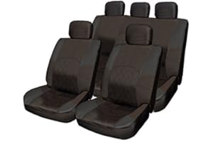 WHEELS N BITS WheelsNBits® Cloth Car Saloon Hatchback Estate Seat Covers Set Split Rear Seat Included Steering Wheel Cover Glove an Shoulder Seat Belt Pads Plus Free Fitting Clips (All Black)